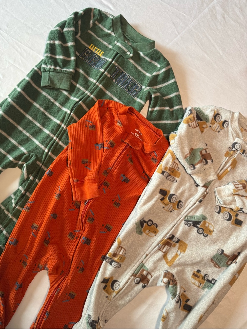 Carter's Fleece Green Striped, Orange, Fleece Cream Construction Print Sleepers